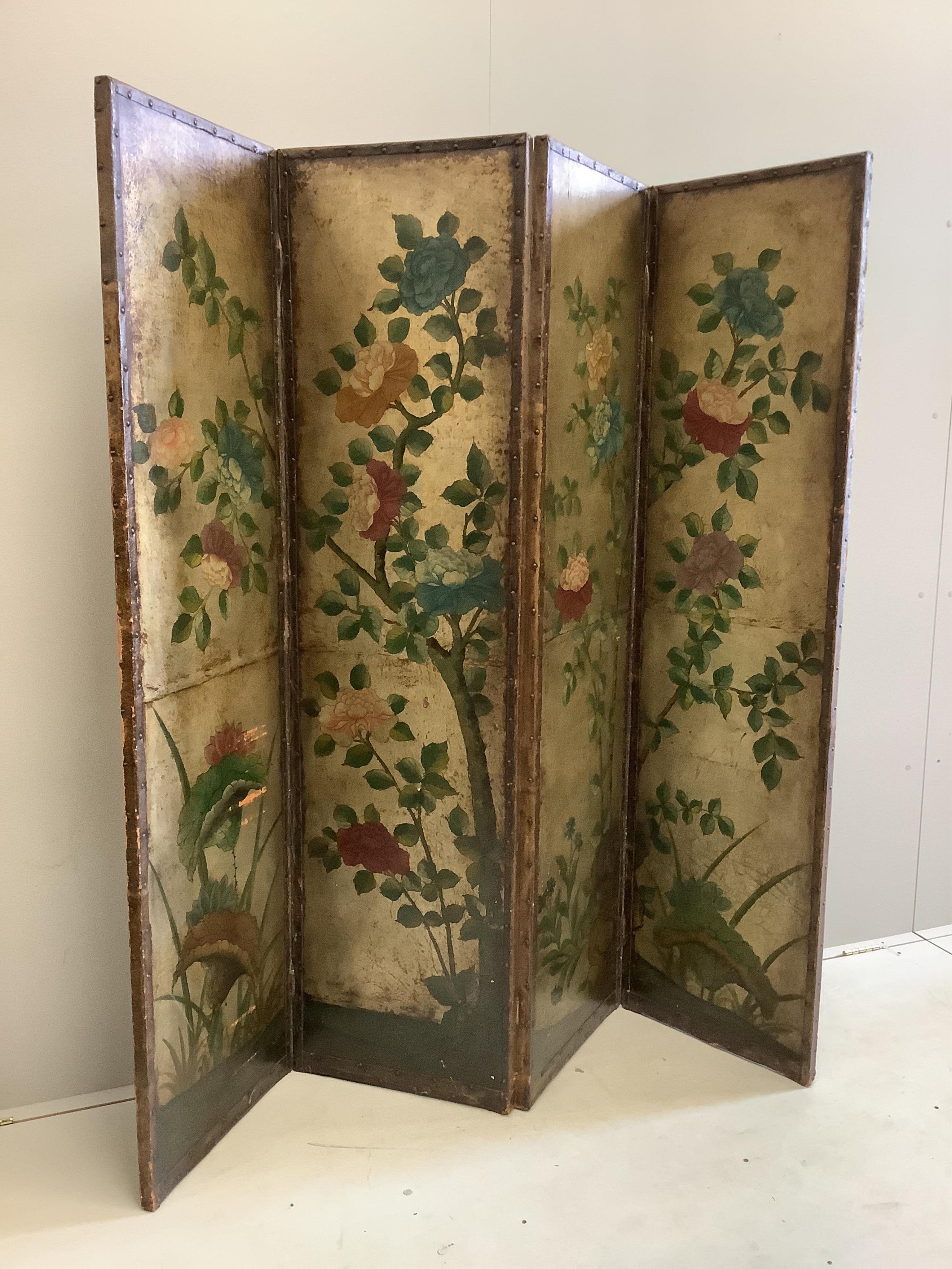 A four fold chinoiserie dressing screen, each panel, width 43cm, height 175cm. Condition - fair